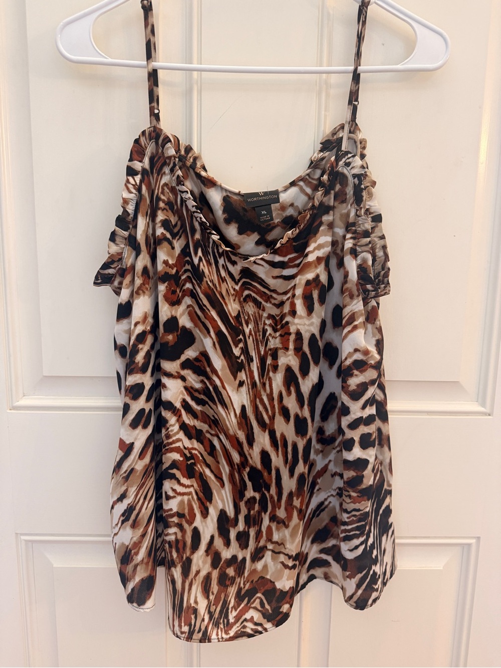 Worthington Black Animal Print Camisole Top Ruffled Adjustable Straps XL